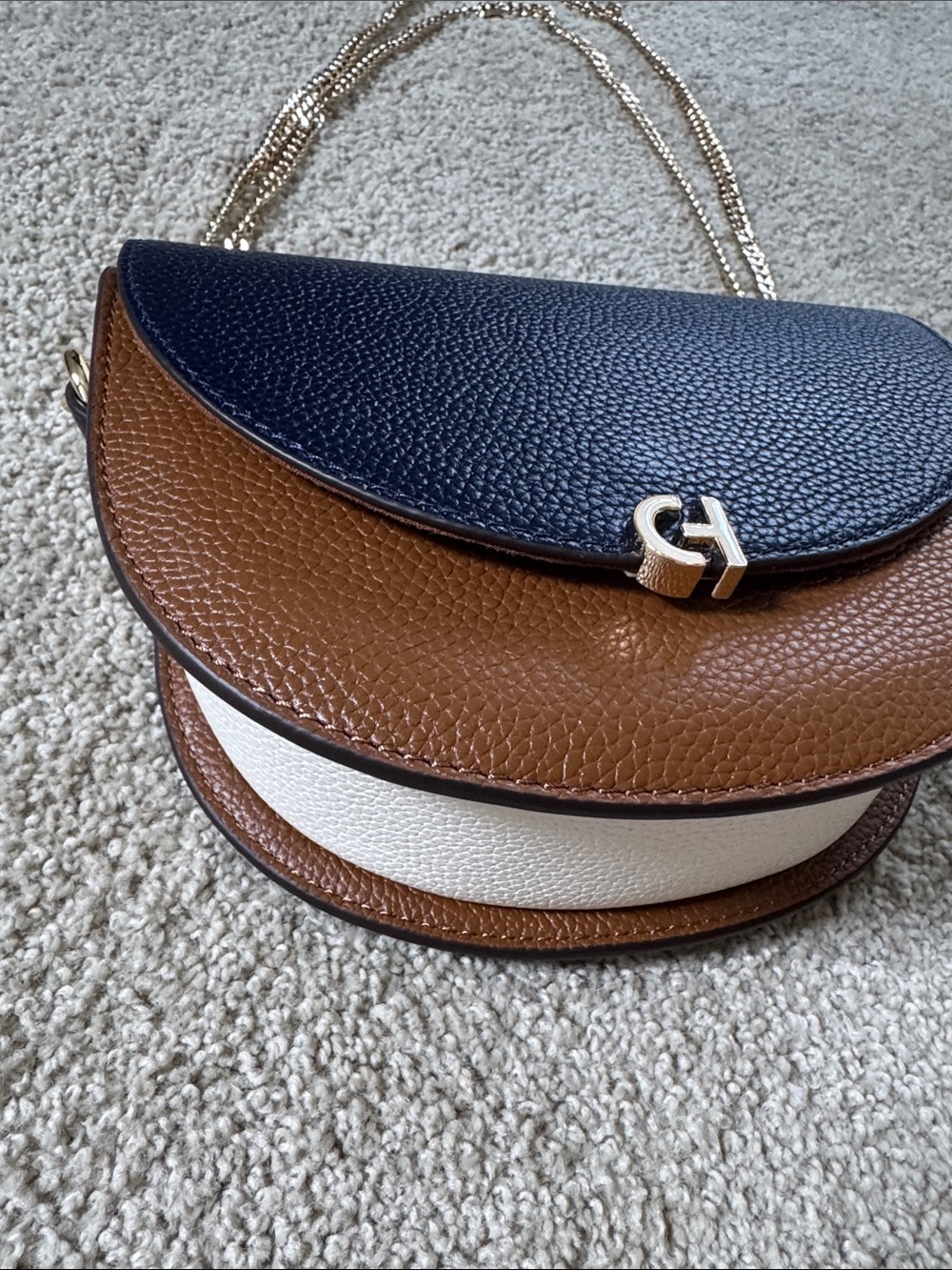 Cole Haan Navy and Brown Pebbled Leather Crossbody with Gold Chain